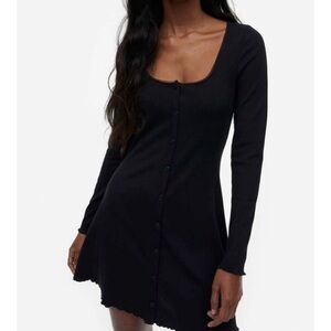 H&M Black Ribbed Button-Front Long Sleeve Top / Mini Dress
